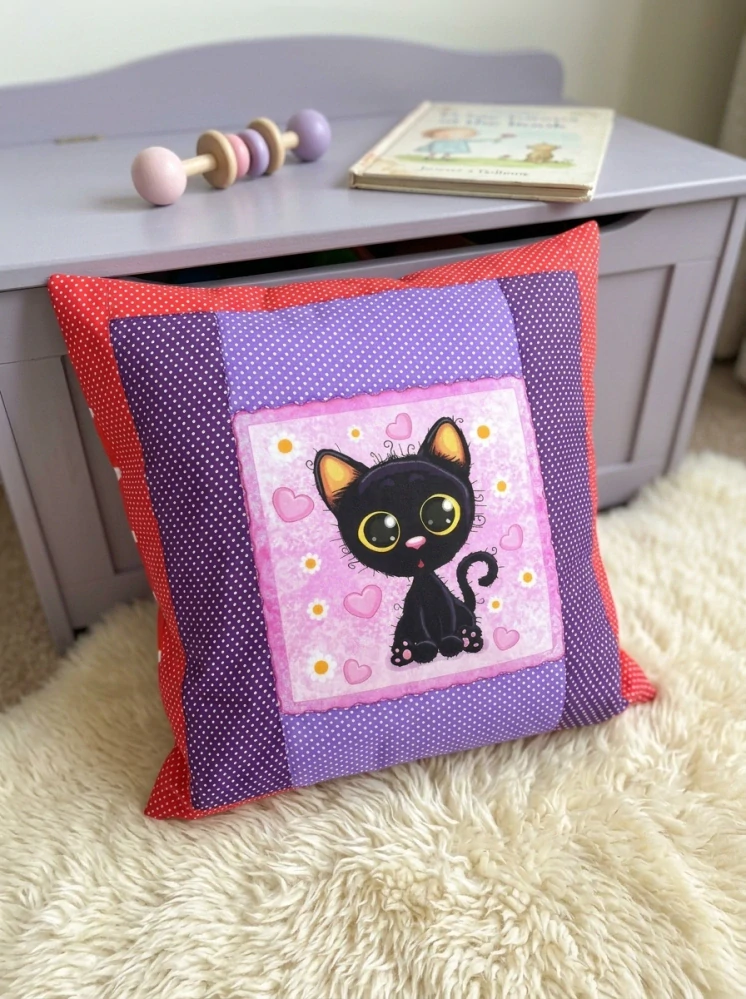 Ručně šitý dětský patchwork polštář -Kočičí kouzlo