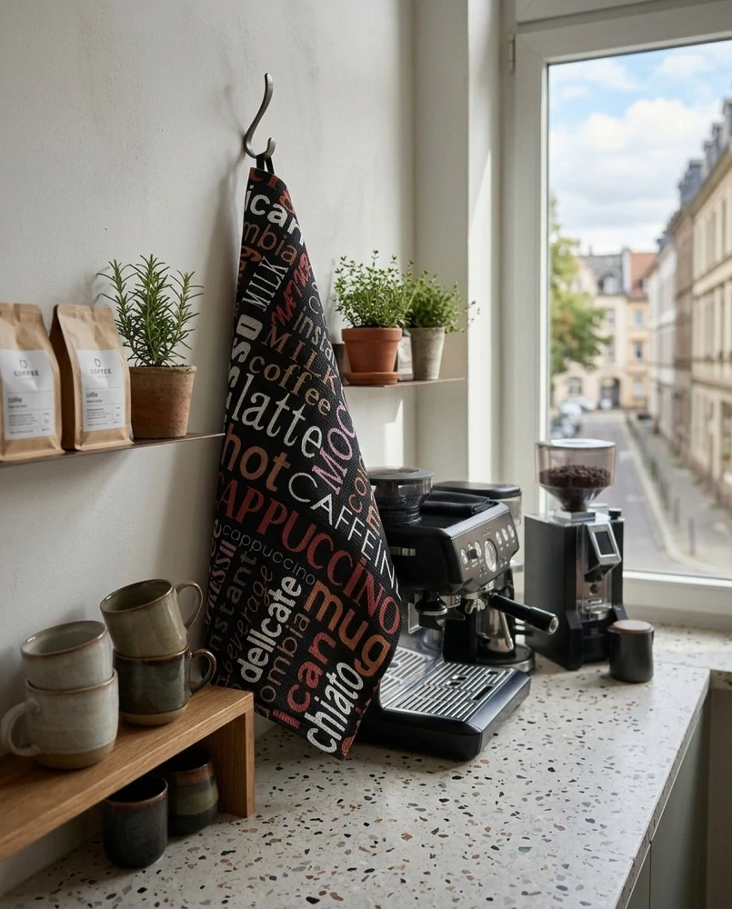 Ručně šitá vaflová utěrka- Čas na espresso (57 × 46 cm)