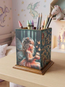 Originální dřevěný stojan na tužky – Kouzelná víla