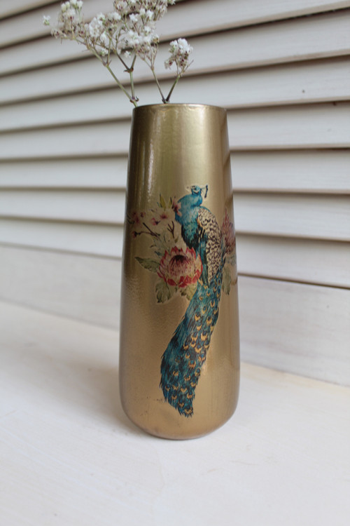 Váza skleněná zlatá páv