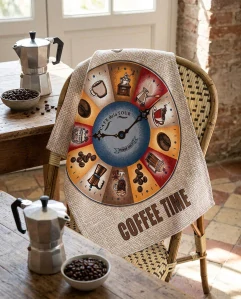 Ručně šitá vaflová utěrka- Kávový orloj(60 × 47 cm)