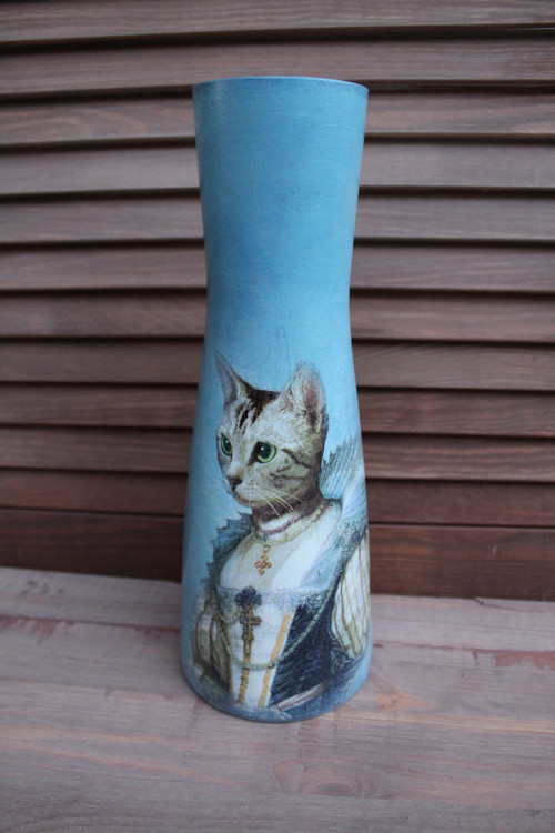 Váza skleněná modrá s kočkou