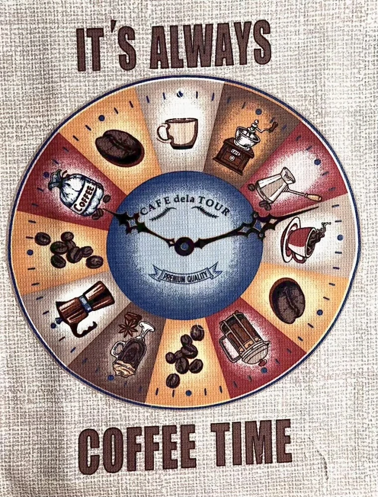 Ručně šitá vaflová utěrka- Kávový orloj(60 × 47 cm)